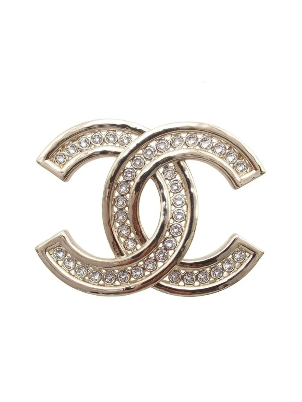 Chanel Brooch Light Gold Metal CC Logo Rhinestone Costume 23k